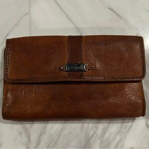 VTG Fossil Wallet Brown Leather Trifold Snap Close Checkbook 4” x 7”